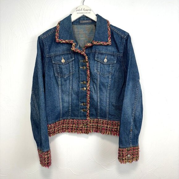 Liz Claiborne Jean Jacket Button Up Long Sleeve Tweed Colorful Trim Blue Denim L - Picture 1 of 6